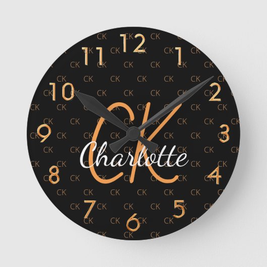Horloge Ronde Noir or monogramme initiales nom script élégant (Recto)