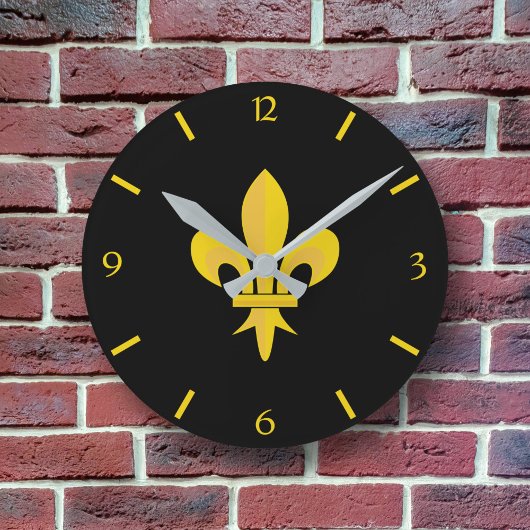 Horloge Ronde Noire avec Fleur de Lys Or