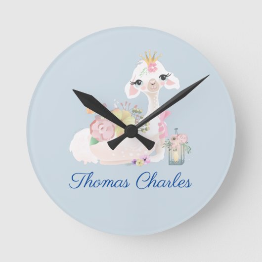 Horloge Ronde Nom du bébé Llama Blue et White (Recto)