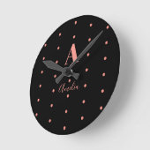 Horloge Ronde Nom du monogramme Rose noir Pois or (Angle)