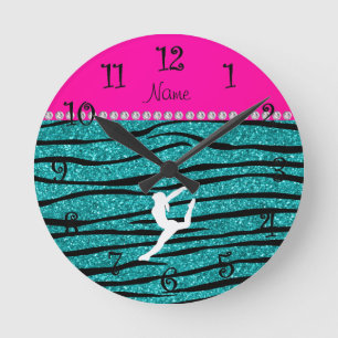 Horloge Ronde Nom gymnaste turquoise parties scintillant zèbre r