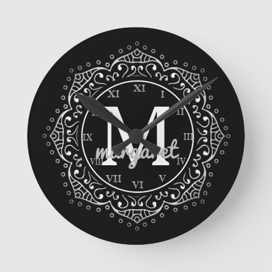 Horloge Ronde Nom monogramme Boho Mandala Black Silver (Recto)