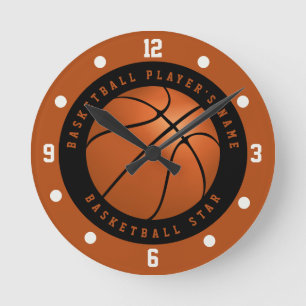 Horloge Ronde Nom personnalisé Basketball noir et orange