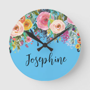 Horloge Ronde Nom personnalisé Boho Floral Bedroom Nursery Art