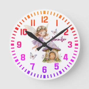 Horloge Ronde Nom personnalisé cool Fée violette et papillons