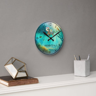 Horloge Ronde Nom personnalisé Cute Turtle Ocean Arrière - plan 