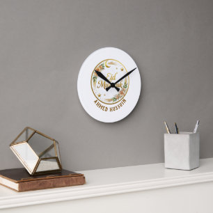 Horloge Ronde Nom personnalisé Eid Mubarak Floral Lune Dorée Mur