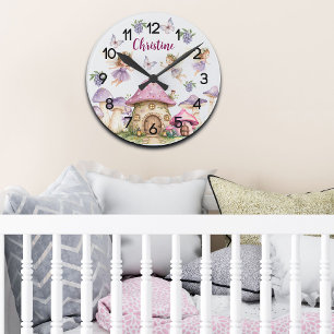 Horloge Ronde Nom personnalisé Fées magiques Champignons roses
