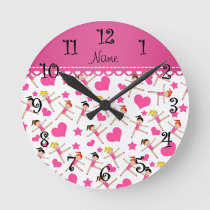 Horloge Ronde Nom personnalisé fille blanche gymnaste coeur étoi