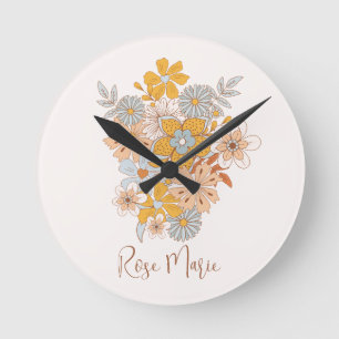 Horloge Ronde Nom personnalisé Floral Boho Nursery