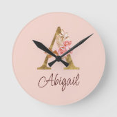Horloge Ronde Nom personnalisé Gold Foil Blush Rose Lettre A (Recto)