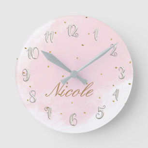 Horloge Ronde Nom personnalisé moderne girly rose et or