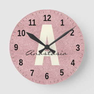 Horloge Ronde Nom personnalisé Parties scintillant Rosegold rose