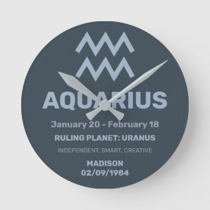 Horloge Ronde Nom personnalisé / Texte Symbole zodiaque Aquarius