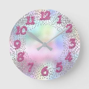 Horloge Ronde Nombre rose Holographe de la Parties scintillant U