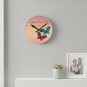 Horloge Ronde Noms et date Mariage cadeau Rose personnalisé Or