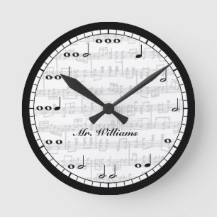 Horloge Ronde Notes de musique en noir et blanc personnalisées