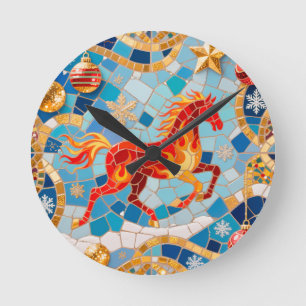 Horloge Ronde Nouvel An 2026 Motif de Noël du Cheval Rouge Fiery