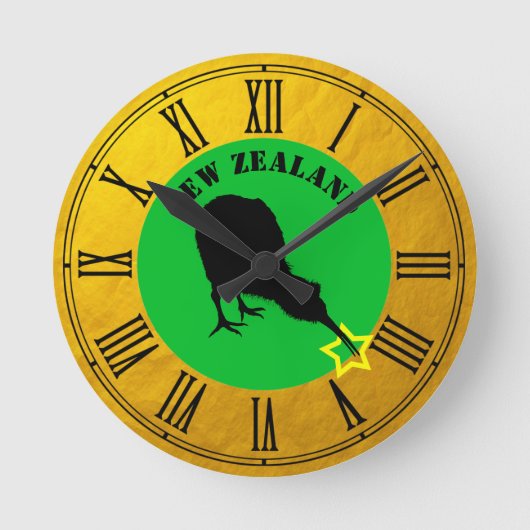 Horloge Ronde Nouvelle-Zélande et oiseau Kiwi star / design or (Recto)