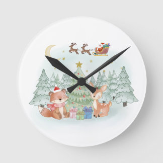 Horloge Ronde Nuit de Noël magique dans la forêt hivernale