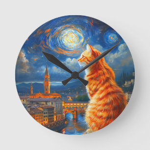 Horloge Ronde Nuit étoilée sur Florence Art du chat roux