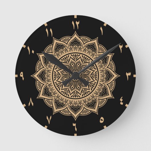 Horloge Ronde Numéros Arabes Dorés Mandala (Recto)