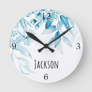 Horloge Ronde Nurserie pour garçon - Art hollandais bleu floral