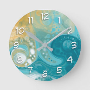 Horloge Ronde Ocean Blue Waves et Sandy Brown Fluid Art