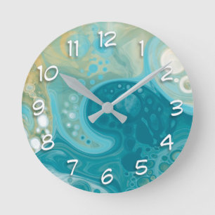 Horloge Ronde Ocean Blue Waves et Sandy Brown Fluid Art