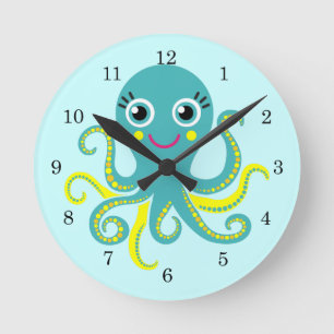 Horloge Ronde Octopus bleu et jaune