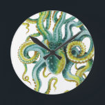 Horloge Ronde Octopus Vert aquarelle Art<br><div class="desc">l'art du poulpe</div>
