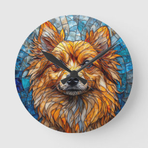Horloge Ronde Œuvre d'art en verre teinté de chien Spitz alleman