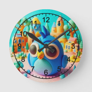 Horloge Ronde oiseau bleu aux yeux surdimensionnés