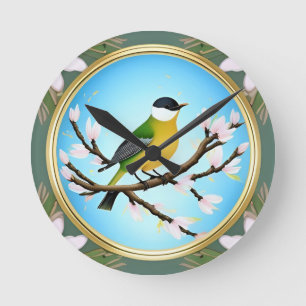 Horloge Ronde Oiseau bleu coloré perché sur une branche en fleur