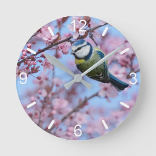 Horloge Ronde Oiseau bleu Tit en fleurs de cerisier japonais ros