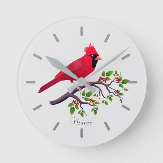 Horloge Ronde Oiseau cardinal rouge sur branche d'arbre (Recto)