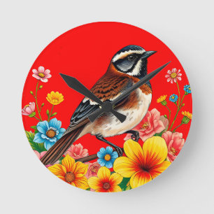 Horloge Ronde Oiseau Coloré Perché Parmi Les Fleurs