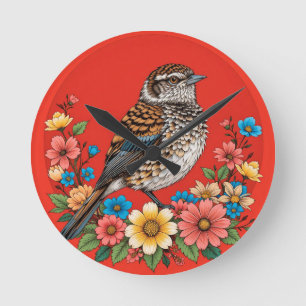 Horloge Ronde Oiseau coloré sur une branche encadré de fleurs