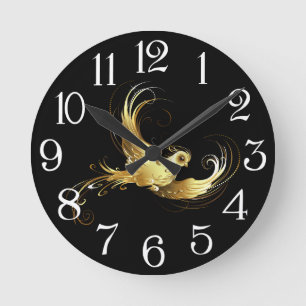 Horloge Ronde Oiseau d'or sur Arrière - plan noir