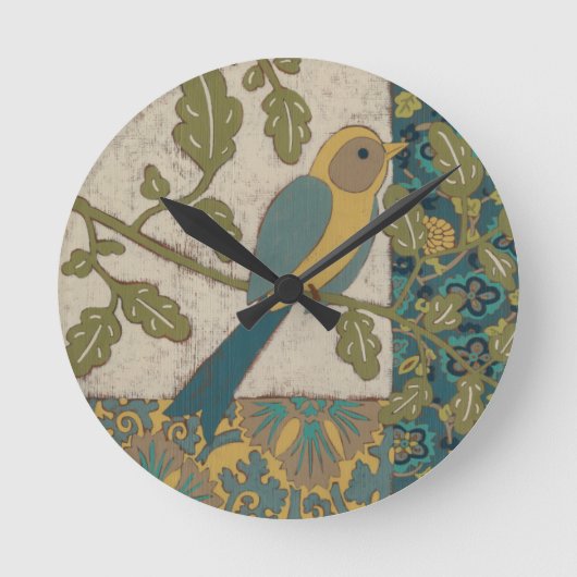 Horloge Ronde Oiseau jaune et bleu Turquoise perché sur une bran (Recto)