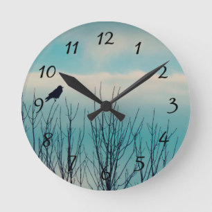 Horloge Ronde Oiseau Noir Et Nuages