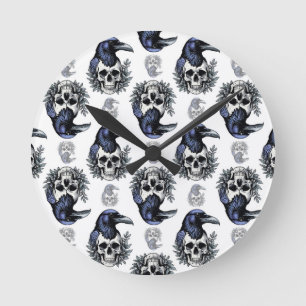 Horloge Ronde Oiseau noir sur un crâne Goth Design Motif