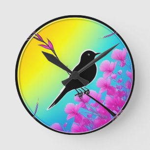 Horloge Ronde Oiseau sur une branche avec un fond artistique vib