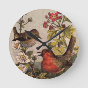 Horloge Ronde Oiseaux chanteurs Robin printanier vintage Botaniq