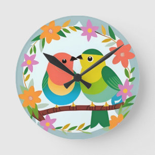 Horloge Ronde Oiseaux Colorés Posés sur une Branche