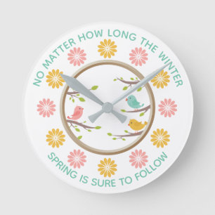 Horloge Ronde Oiseaux et fleurs mignons et colorés Printemps