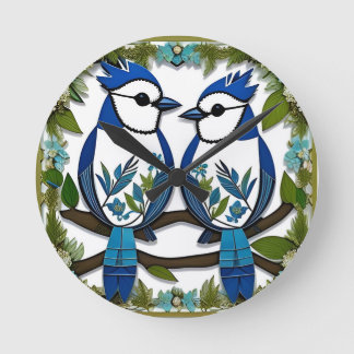 Horloge Ronde Oiseaux Geai Bleu en Papier Artisanal