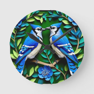 Horloge Ronde Oiseaux geai bleu en papier découpé