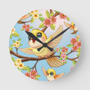 Horloge Ronde Oiseaux mignons et heureux parmi les fleurs du pri