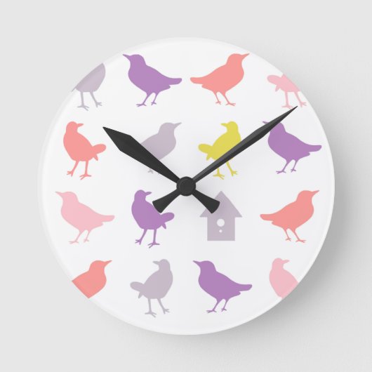Horloge Ronde Oiseaux pastel rose et violet avec Birdhouse (Recto)